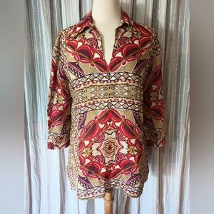 Talbots Silk Linen Fall Geometric Boho Artsy Shirt Multicolor Tunic Top Size 8
